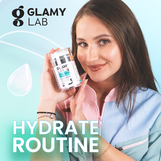 Woman holding Glamy Lab Hydra Intense fragrance-free skincare product 