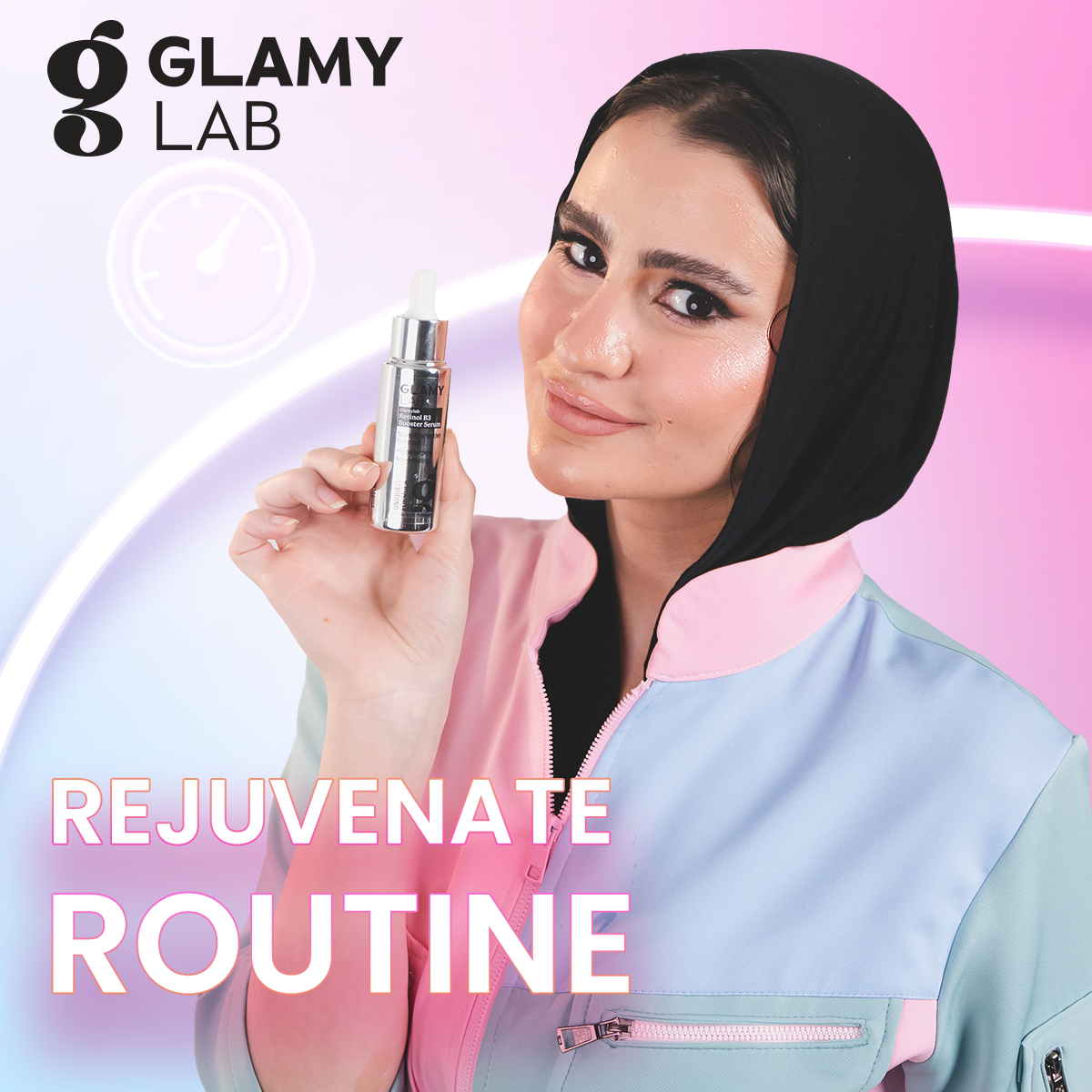 Woman holding 'Glamy Lab retinol' a skincare product with text about a rejuvenate routine 