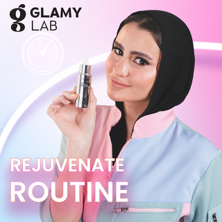 Woman holding 'Glamy Lab retinol' a skincare product with text about a rejuvenate routine 