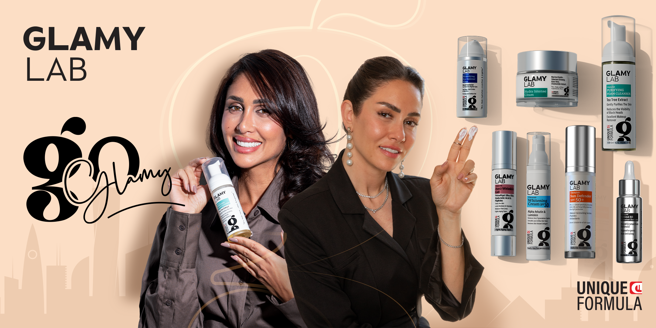 Two women holding GLAMY Lab products with the brand's logo and product lineup 
