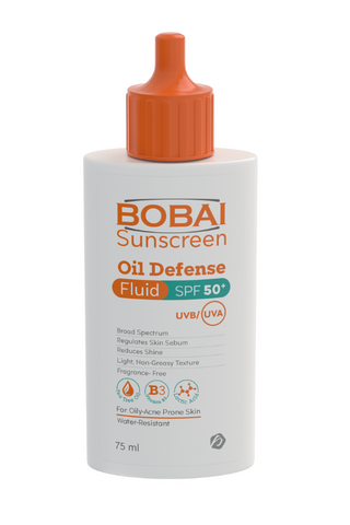 A bottle of Bobai Sunscreen Oil Defense Fluid with SPF 50+ protection. 