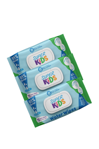 Three packs of Superkids Water Wipes with 72 wipes each, placed one in front of the other against.