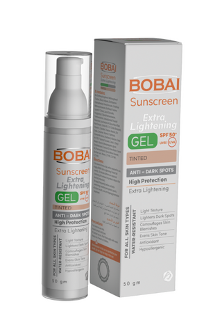 A packaged sunscreen gel product with a tinted formula, labeled 'Bobai Sunscreen Extra Lightening Gel SPF 50', indicating it's enriched with Glibirdin to reduce skin hyperpigmentation and gives an even skin tone.
