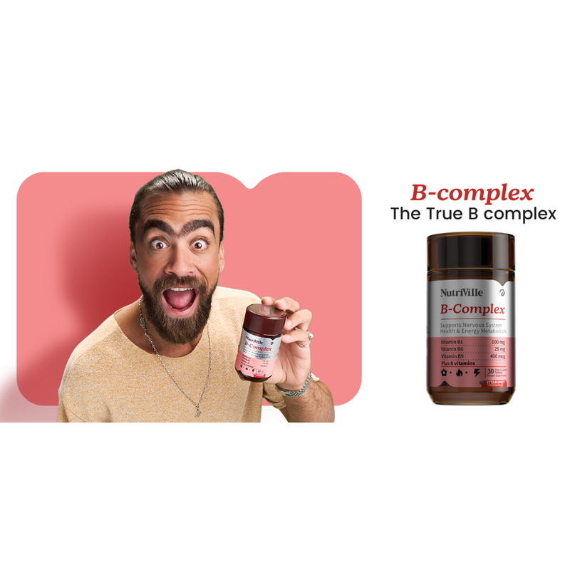 Man holding a supplement bottle with NutriVite B-Complex packaging 