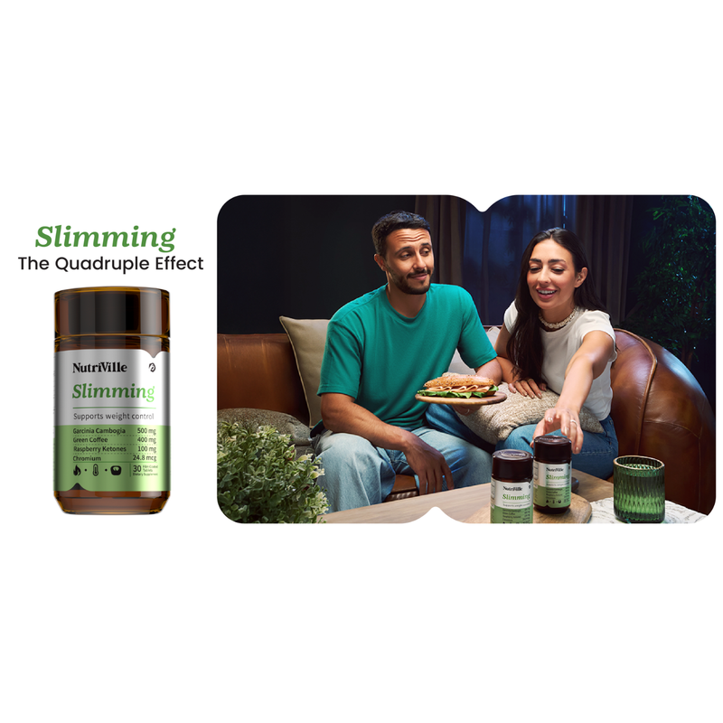 Nutriville Slimming supplement bottle with a couple on a couch 