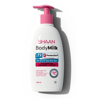 A pump bottle of Shaan Body Milk with the text '72H' indicating it is a 72-hour hydration body milk, and an illustration of a water droplet, suggesting moisturizing properties.