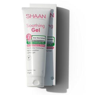 Tube and box of Shaan Soothing Gel with text highlighting key ingredients such as Aloe Vera and almond oil, indicating a moisturizing and soothing purpose for the product.
