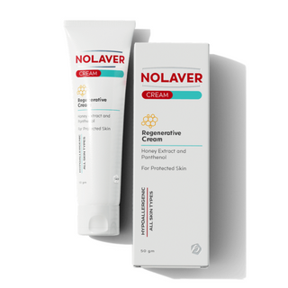 Nolaver Cream packaging and tube, with white and red color scheme and text indicating its regenerative properties and honey extract and panthenol ingredients.