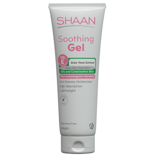 Tube of Shaan Soothing Gel with pink and green label, indicating Aloe Vera extract and non-greasy moisturizer for oily and combination skin.