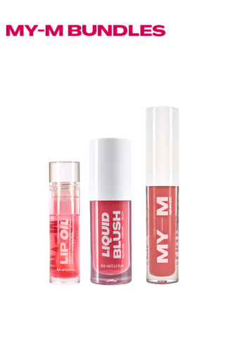 'MY-M BUNDLES' Three cosmetic products labeled 'Lip Oil', 'Liquid Blush'