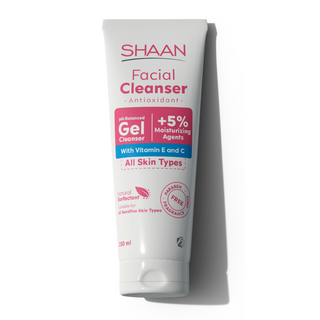 Tube of Shaan Antioxidant Facial Cleanser with vitamin E and C, indicated for all skin types.