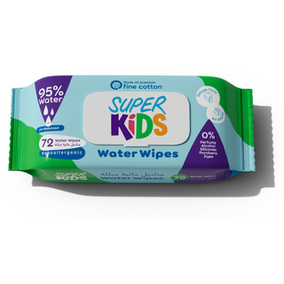A pack of Superkids Water Wipes, with packaging that is predominantly green and blue, highlighting the product's eco-friendliness with 95% water content and suitability for newborn skin.