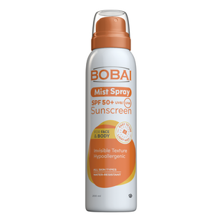 A pump bottle of BOBAI Mist Spray 50+ Sunscreen with text indicating broad spectrum protection, SPF 50+, and suitability for face & body use.