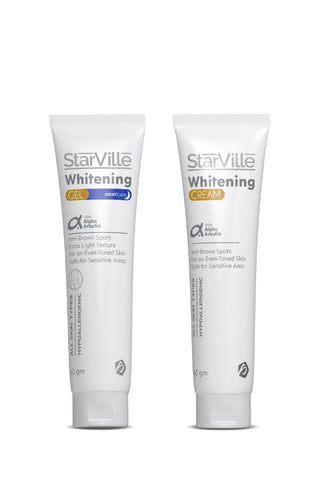Two tubes of Starville Whitening products, one labeled as 'Whitening Cream' and the other as 'Whitening Night Care Gel'. Both are white with blue and yellow text detailing.