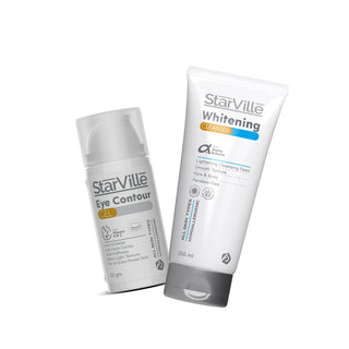 Two tubes of Starville eye contour and whitening products, one labeled as 'Eye Contour' and the other as 'Whitening Cleanser'.