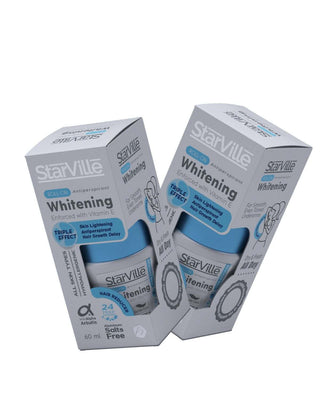 Two boxes of Starville Whitening Roll On Hair Reducer, 60 ml each, with packaging that features the product name, description, and branding elements.