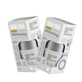 Two packages of Starville Whitening Roll on deodorant, each containing a 60 ml roll-on bottle, displayed against.