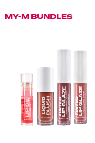 'MY-M BUNDLES' Set of lip products including lip oil, liquid blush, and tinted lip glazes.
