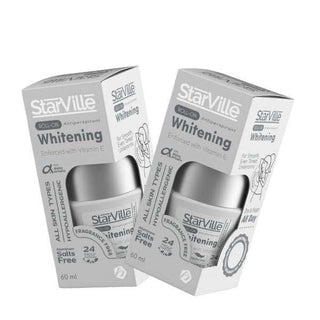 Two bottles of Starville Roll on Fragrance Free deodorant in 60 ml packaging, displayed in their boxes.