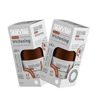 Two boxes of Starville Whitening Roll On deodorant, with the scent Orient Pearl, each containing 60 ml of product.