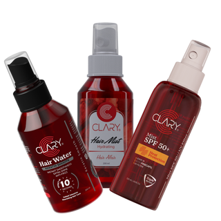 Three bottles of Clary brand hair care products, including Hair Water, Hair Mist, and Hair Mist SPF 50+.