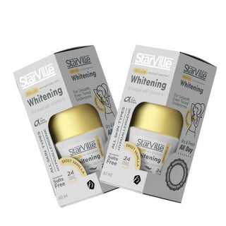 Two packages of Starville Whitening Roll On Sweet Vanilla deodorant, with one package slightly behind and to the side of the other, against a white background.