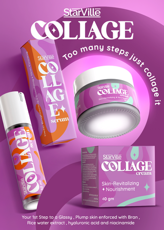 StarVille Collage skincare products including serum, cream, and jar 