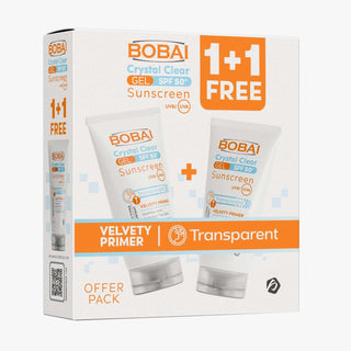 Packaging of Bobai Crystal Clear Gel SPF 50+ Sunscreen featuring two sunscreen bottles in a box with '1+1 Free' offer label, indicating a promotional offer pack.
