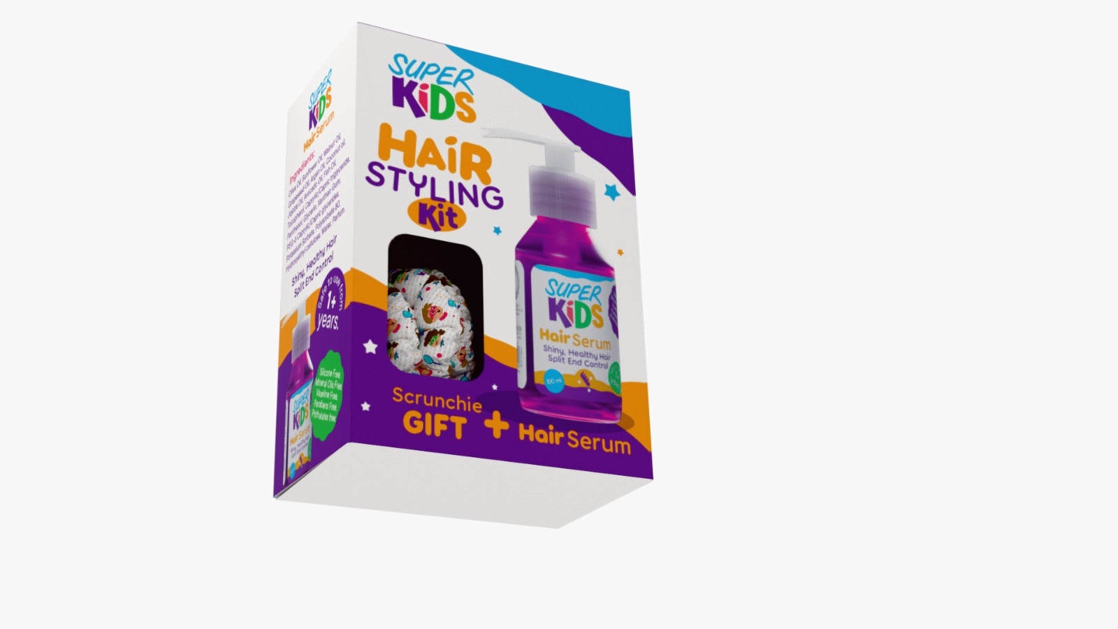 Super Kids Hair Styling Kit packaging with hair serum bottle 