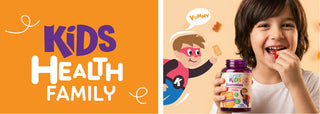 Superkids 'Kids Health Family' with a child holding a superkids gummies supplement bottle.