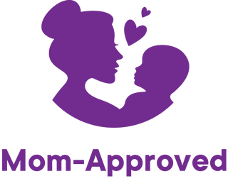 Mother and child with hearts above,  'Mom-Approved.' 