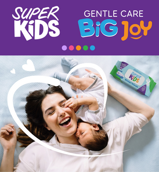 Super Kids wipes, featuring text 'Super Kids' and 'Gentle Care Big Joy'.