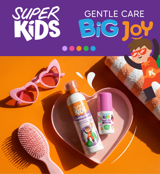 Super Kids products with sunglasses, towel, and brush