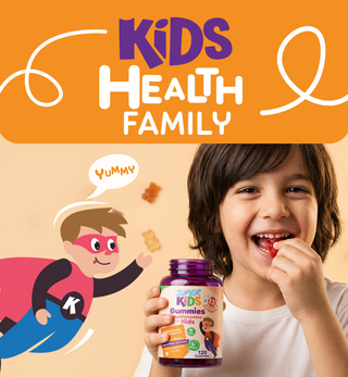 Child eating a gummy with a bottle of Super Kids Gummies, 'Yummy' kids health family