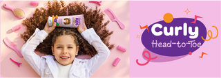 Child with curly hair holding SuperKids Leave in Conditioner product.