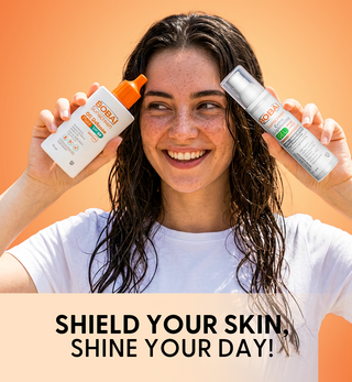 Woman holding sunscreen bottles with promotional 'shield your skin, shine your day.'