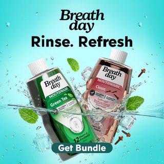 Two bottles of Breath Day mouthwash with green tea and clove flavors 