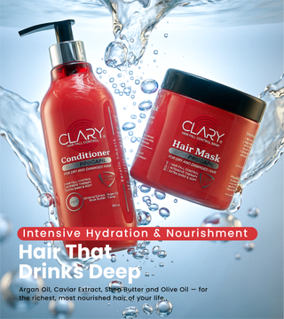 Clary conditioner and hair mask with water droplets