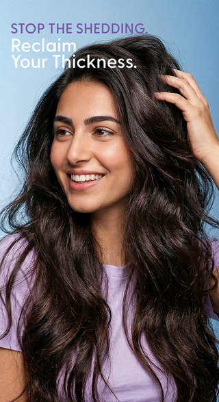 Woman with long, healthy hair with text about stopping hair shedding  reclaim your thickness.