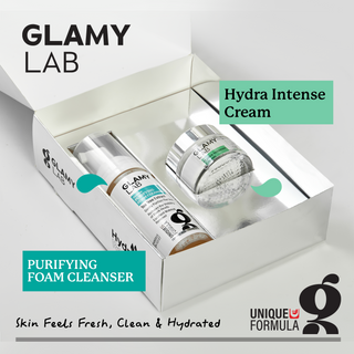 Glamy Lab skincare set with Purifying Foam Cleanser and Hydra Intense Cream in a box.