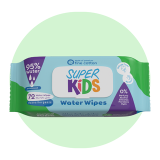 A pack of Superkids Water Wipes with 72 wipes, highlighting 95% water content and being hypoallergenic.