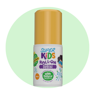 A roll-on deodorant bottle 'Super Kids' pineapple scent.