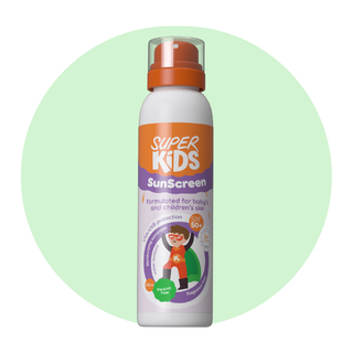 A bottle of Superkids sunscreen lotion with a depiction of a child and the text 'SunScreen' on it, indicating it is a sun protective product.