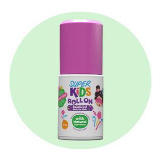 A bottle of Superkids Roll On Lollipop Scent deodorant with a pink cap and label featuring illustrations of kids and lollipops.