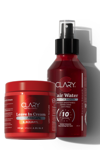 A set of two Clary hair care products, including a red bottle labeled 'Clary Hair Water' and a red container with a pump labelled 'Clary Leave-in Conditioner & Aquaquel'. Both products are designed for frizz control and hydration.