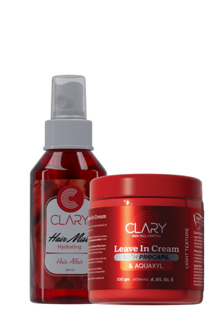 A set of Clary brand hair care products including a red bottle labeled 'Clary Hair Mist' and a separate red container labeled 'Clary Leave-In Conditioner'. Both bottles have pumps and are positioned against.