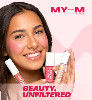 Woman holding makeup products with 'Beauty, Unfiltered' and MY-M logo 