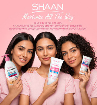 Three women holding SHAAN skincare products 'Moisturize all the way'