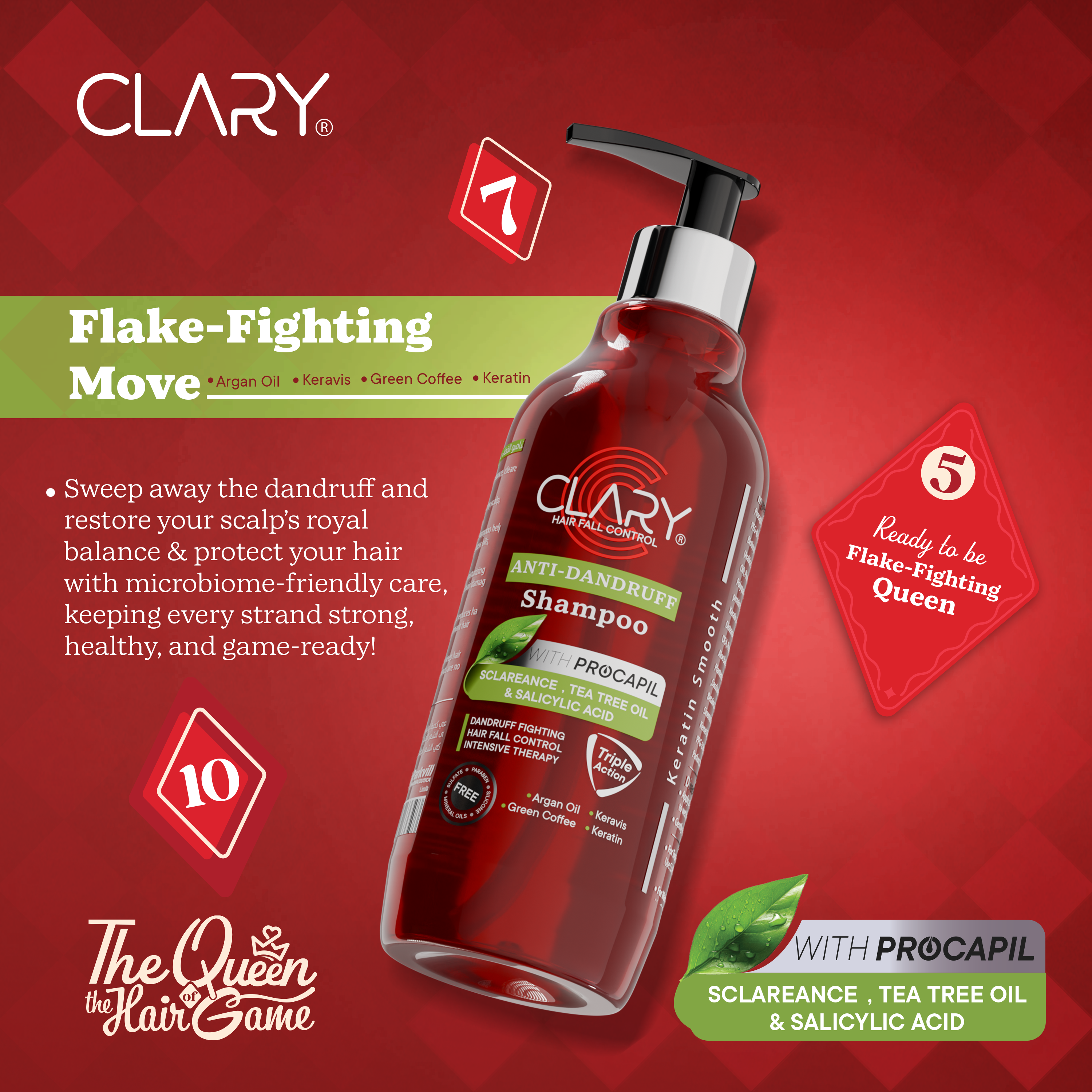 Clary shampoo bottle with promotional text 