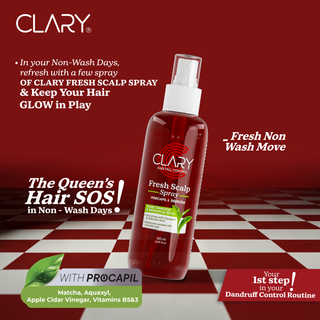 Clary Fresh Scalp Spray bottle on a checkered floor with promotional text 